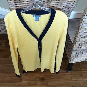 Vintage yellow cardigan navy trim large